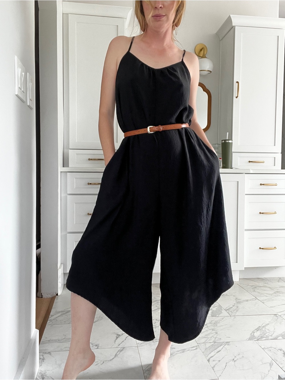 Comfy Black Wide-Leg adjustable Spaghetti-Strap Jumpsuit with Pockets